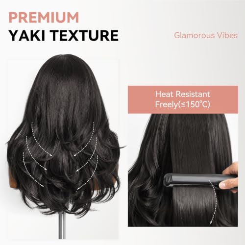 PREMPO 20 Inch Natural Black Wavy V Part Wig for Black Women - Glueless, Layered Synthetic Hair