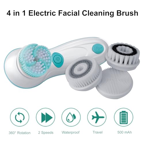 Electric Face Cleansing Brush with 4 Heads & 2 Speeds - Green - Waterproof & Rechargeable