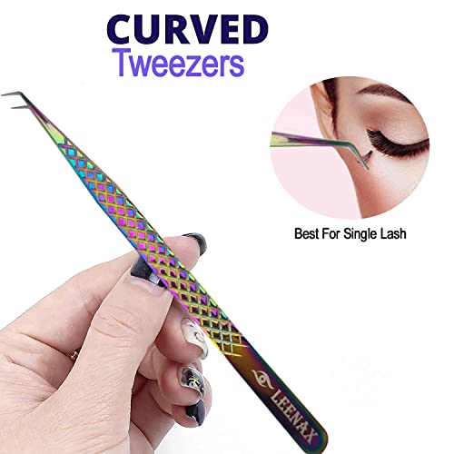 Eyelash Extension Tweezers Fiber Tip (Anti ? Slip) Set of 2 pieces straight & curved with Diamond Grip, Rainbow Colour,14cm, volume Tweezers, Lash Extension Precision tweezers. (Multi)