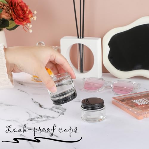 24 Pack 1oz Clear Glass Cosmetic Jars with Black Metal Lids & Inner Liners - Travel Lotion Containers