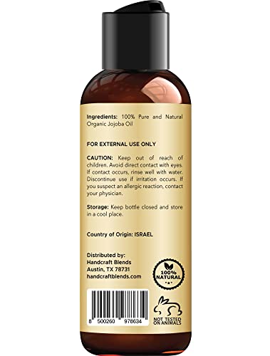 Handcraft Blends USDA Organic Jojoba Oil - Cold-Pressed 4 Fl Oz - 100% Pure and Natural - Premium Grade Carrier Oil for Skin and Hair - Hair and Body - Massage - Hexane-Free
