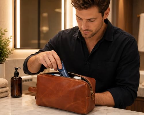 Leather Toiletry Bag for Men & Women - Tan Brown Travel Organizer