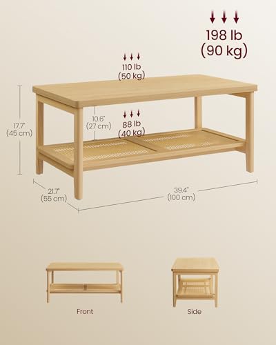 VASAGLE 2-Tier Coffee Table with PVC Rattan Storage Shelf - Oak Beige