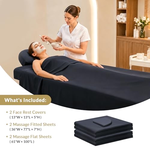 Black Microfiber Massage Table Sheet Sets 3 Piece - 2 Sets with Fitted & Flat Sheets & Face Covers