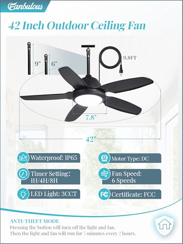 Fanbulous 42 Inch Black Waterproof Outdoor Ceiling Fan with Light (IP65) for Patio