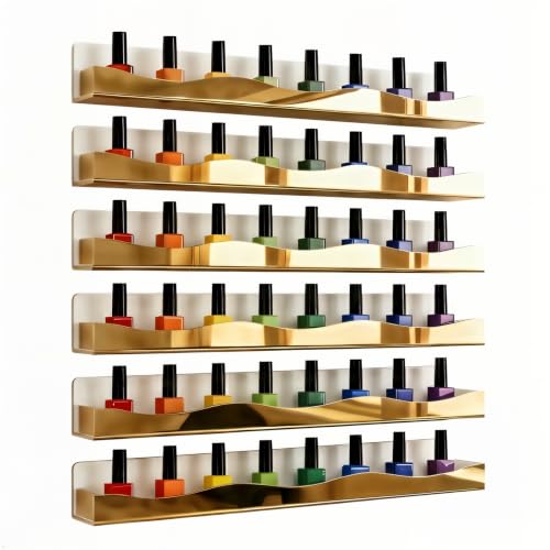 Gold Mirror Nail Polish Wall Rack - 6 Pack, 15 Inch Acrylic Shelves with Variation