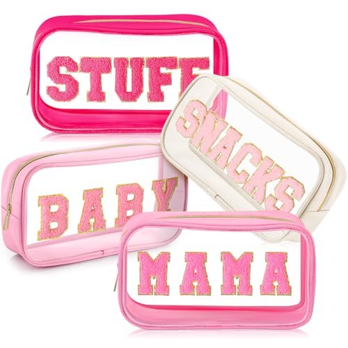 Clear Toiletry Bag for Mama and Baby - Bright Color, Pack of 4 with Chenille Letters