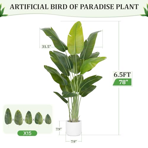 Artificial Bird of Paradise Tree 6.5Ft Tall Faux Tropical Plant with White Pot - Indoor Decor
