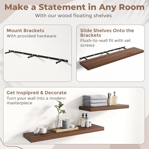 48 Inch Floating Wall Shelves with 9-Inch Depth, Walnut Finish, 2-Pack, 60 Lb Capacity, Wall Mountable