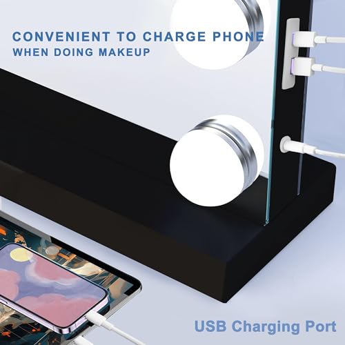Black Hollywood Vanity Mirror with Lights, 15 Dimmable Bulbs, 3 Color Lights,Make Up Lighted Mirror, Aluminum Metal Frame, USB Charging Port£¨23" x 18"£©