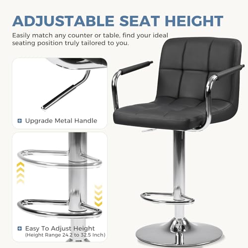 DUMOS Swivel Bar Stools Set of 2 - 24.2''-32.5'' Height, PU Leather, Black