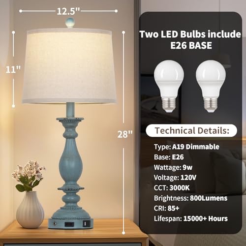 Blue Coastal Table Lamps Set of 2 - 28 Inch Dimmable Bedside Touch Lamps with USB & Outlet
