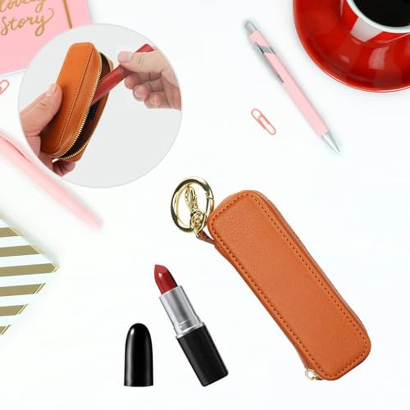 Bocasal Leather Lipstick Case Holder Chapstick Keychain Pouch, Zipper Lip Balm Lip Gloss Bag for Purse with Key Chain Elastic Band, Makeup Travel Organizer Cosmetic Storage Kit for Women Girls (Brown)