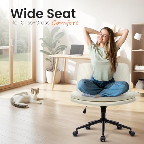 NeO Chair Ivory PU Leather Criss Cross Office Chair with Wheels & Adjustable Swivel