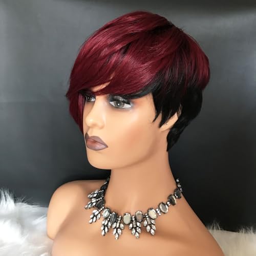 HOTKIS T1B/99J Pixie Cut Human Hair Wig with Side Bangs, Short Bob, Glueless, Natural Straight, Black Burgundy Two Tone for Women