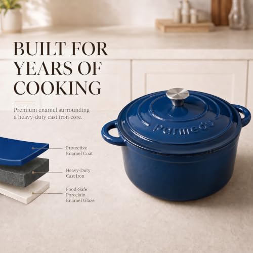 Dutch Oven 5.5QT Enameled Cast Iron Sourdough Bread Cooker Indigo Blue - Parmedu