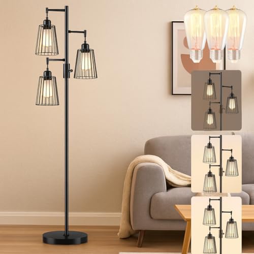 PESRAE Matte Black Dimmable Industrial Floor Lamp with Teardrop Cage Heads & 3 LED Bulbs