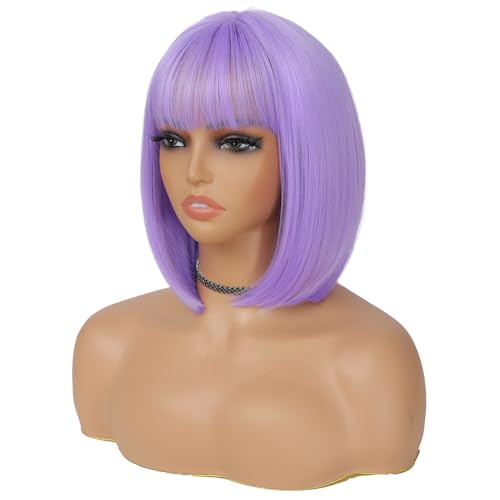 Purple Bob Wig with Bangs - 12 Inch Short Lavender Synthetic Wig for Women