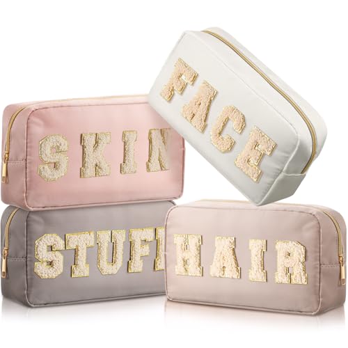Preppy Makeup Bags Set - Chenille Letter Nylon Cosmetic Pouch Cases with Zipper, Apricot Color, Classic Style, 4 Pieces