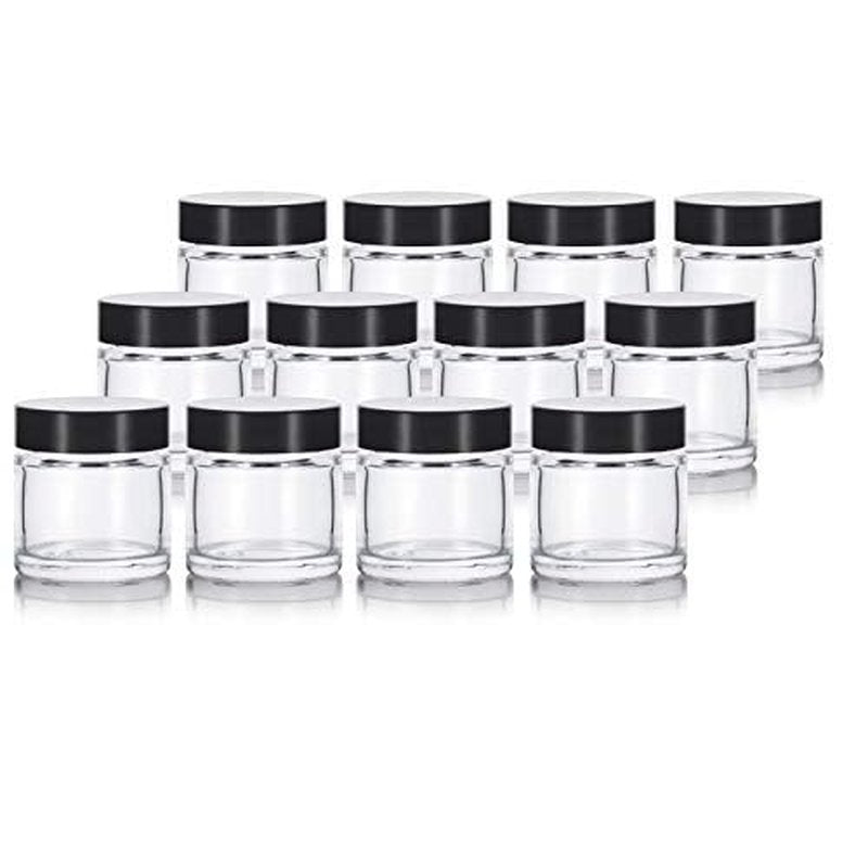 1 oz / 30 ml Clear Thick Wall Glass Straight Sided Jar with Black Smooth Lids (12 Pack) Airtight, Smell Proof