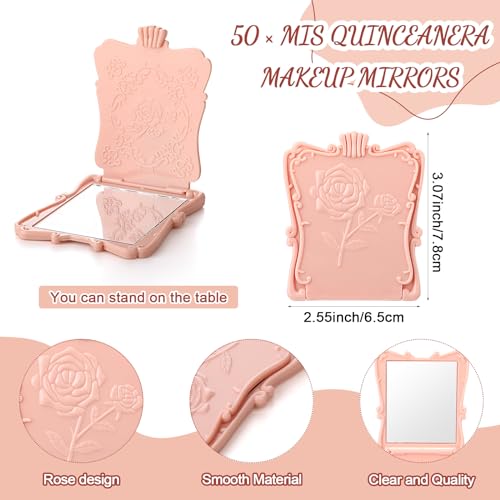 50 Champagne Pink Rose Mirror Party Favors for Quinceanera Guest Gifts Set