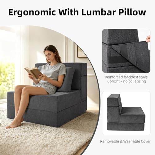 Grey Foldable Floor Sofa Bed with Pillow - Convertible Sleeper Chair for Living Room - Single