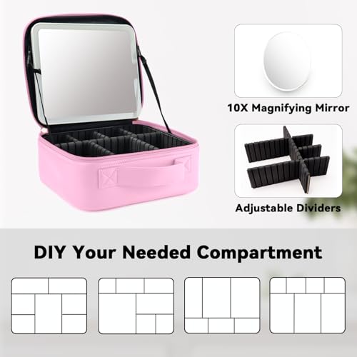 Travel Makeup Bag with LED Mirror & 10x Magnifying Glass - Light Pink, Adjustable Dividers & Brush Storage