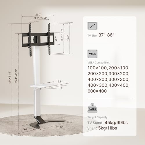 ECOTINY White Floor TV Stand for 37-86 Inch TVs - 51.5" Ultra-Slim, No-Drill & Anti-Tip Safety