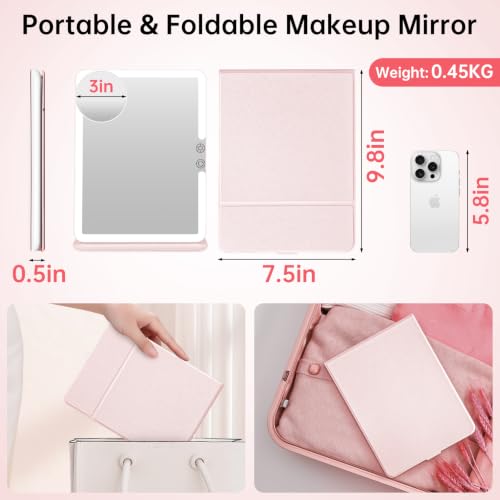FUNTOUCH 2500mAh Rechargeable Travel Makeup Mirror with Lights - Pink N