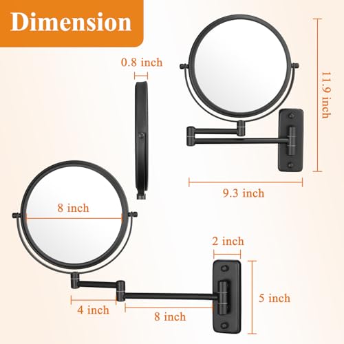 DECLUTTR 1X/15X Wall Mounted Makeup Mirror, 8" Double Sided Vanity Magnifying Mirror, 360¡Æ Swivel Extendable Bathroom Make Up Mirror, Black
