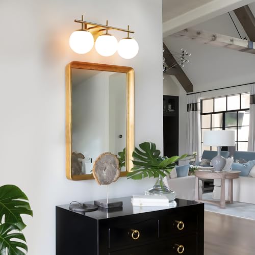 Gold 3-Light Bathroom Vanity Light Fixture Over Mirror - Modern Wall Sconce with Milky White Globe Shades - 22.4 Inch