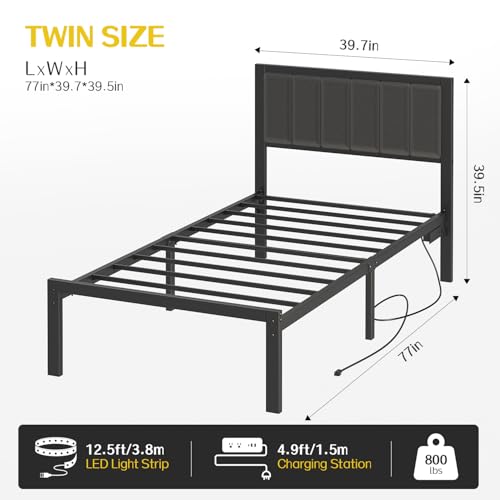 Twin Bed Frame with Headboard, Smart LED & Charging Station - OLEVS