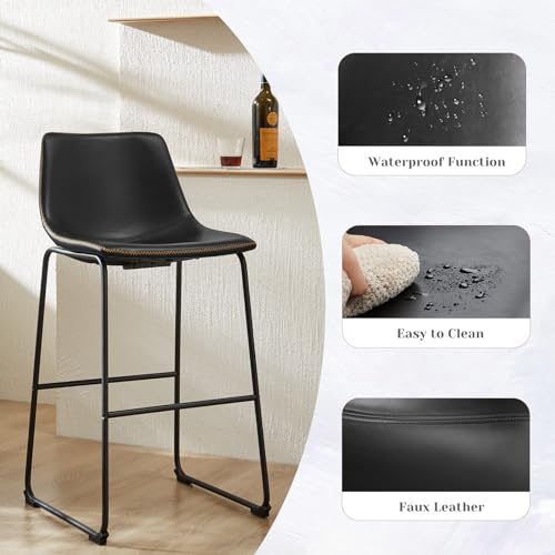 Sweetcrispy Set of 2 Black Faux Leather Bar Stools with Metal Legs - Counter Height
