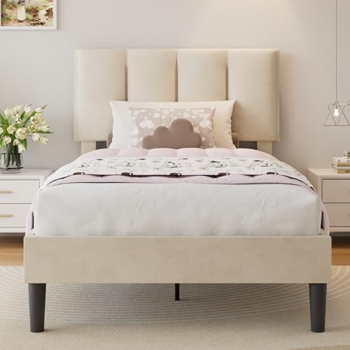 Twin Size Bed Frame with Upholstered Headboard - Pale Beige, Platform Design, Noise-Reducing, Easy Assembly