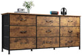 WLIVE Rustic Brown 65 Inch TV Dresser with 9 Fabric Drawers and Wood Top - Ample Storage