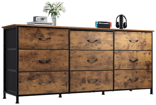 WLIVE Rustic Brown 65 Inch TV Dresser with 9 Fabric Drawers and Wood Top - Ample Storage