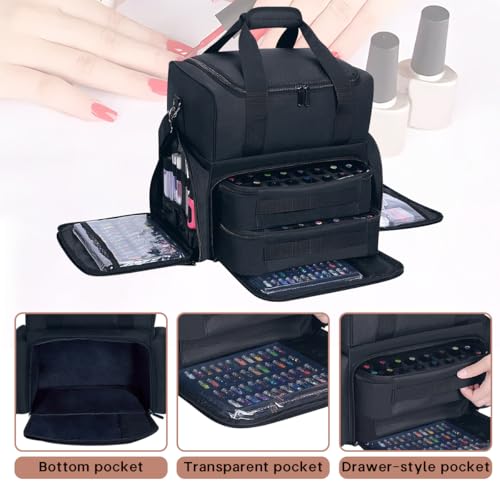 Nail Polish Organizer Case Holds 80 Bottles (15ml - 0.5 fl.oz) and a Nail Lamp,Nail Polish Case with 2 Removable Bags and Tools Storage Sections Black