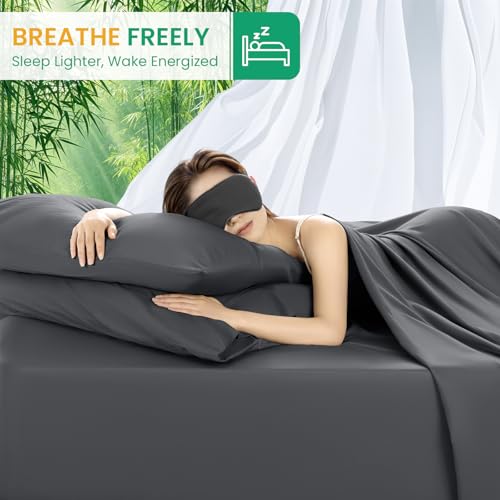 Queen Size Bamboo Viscose Bed Sheets Set - Dark Grey, 4PC, Deep Pocket