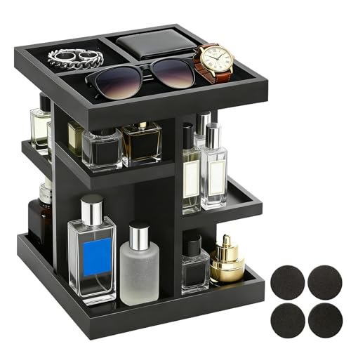Wooden Cologne Organizer for Men,3 Tier Large Capacity Perfume Shelf with Rotate,Cologne Stand for Desk & Nightstand Organizer,Cologne Shelf Organizer for Mens Gift(Black)