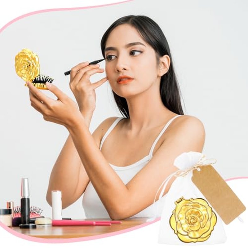24 Sets Rose Compact Mirrors Brush Bulk Quinceanera Party Favors for Guests Travel Mirror Thank You Gifts Bulk for Sweet 16 15 Party Favors Bridal Shower Wedding Souvenirs(Gold)