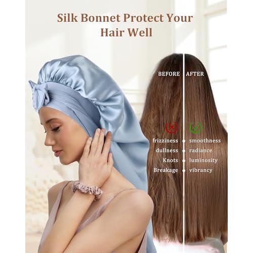 AWAYTR Long Silk Bonnet for Sleeping - 100% Mulberry Silk Bonnet for Women Long Hair Sleep Cap with Elastic Tie Band (Haze Blue)