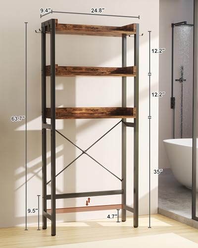 Over-The-Toilet Bathroom Storage Rack 3-Tier Rustic Brown Organizer Shelf with Hooks