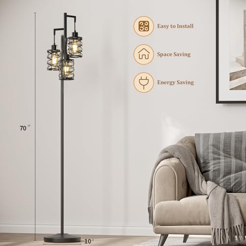 Oneach 70-Inch Black Industrial Floor Lamp with 3 Dimmable Bulbs, Farmhouse Corner Standing Tree Lamp for Living Room & Bedroom