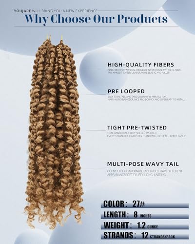 Youjare 10-Inch Pre-Looped Passion Twist Crochet Hair Extensions 27# Pack of 8