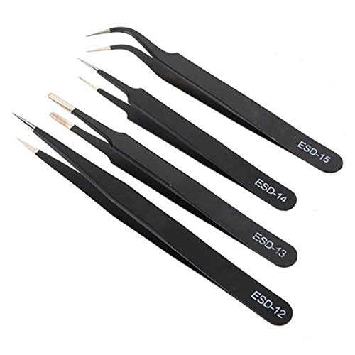 AKOAK 4 Pcs ESD Tweezers Set Anti-Static Tweezers Stainless Steel Tweezers for Eyelash Extension,Electronics, Jewelry-making - Straight and Curved Tip Tweezers - Black