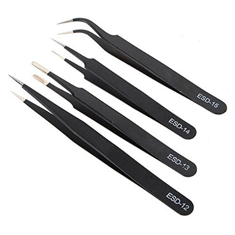 AKOAK 4 Pcs ESD Tweezers Set Anti-Static Tweezers Stainless Steel Tweezers for Eyelash Extension,Electronics, Jewelry-making - Straight and Curved Tip Tweezers - Black