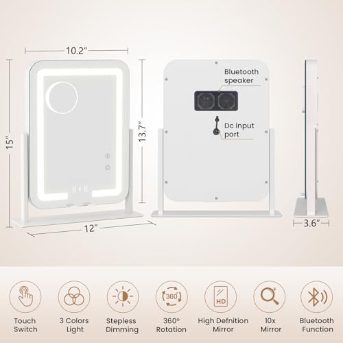 Dripex 5-in-1 Lighted Vanity Mirror with Bluetooth Speaker & Wireless Charging, 15"x12" LED Makeup Mirror with Lights 3 Colors Dimmable, Phone Holder Touch Keys 10X Magnification