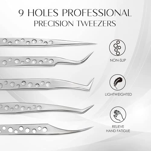 Lash Tweezers for Eyelash Extensions, Lankiz Eyelash Tweezers for Lash Extensions Stainless Steel Straight and Curved Volume Lash Tweezers Set Kit £¨5PCS-SilverH£©