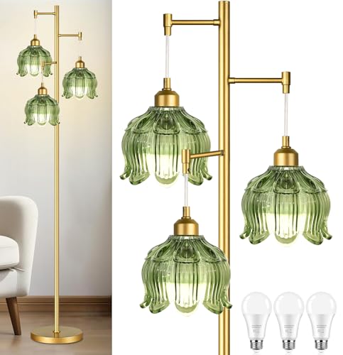 ZECOXOL Green Glass 3-Light Mid-Century Floor Lamp with Brass Tall Stand