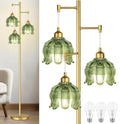 ZECOXOL Green Glass 3-Light Mid-Century Floor Lamp with Brass Tall Stand